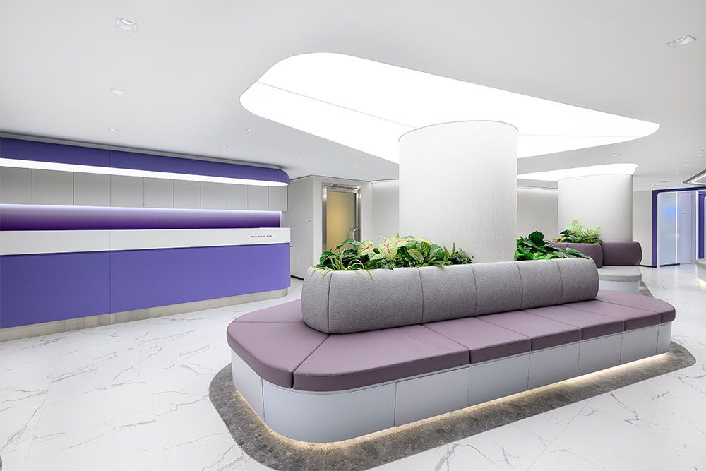 Rest area for body check with purple sofa