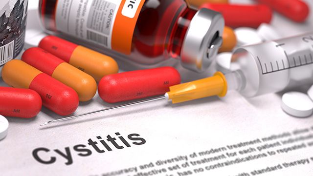 Capsules, syringe, medicine vial with the word Cystitis