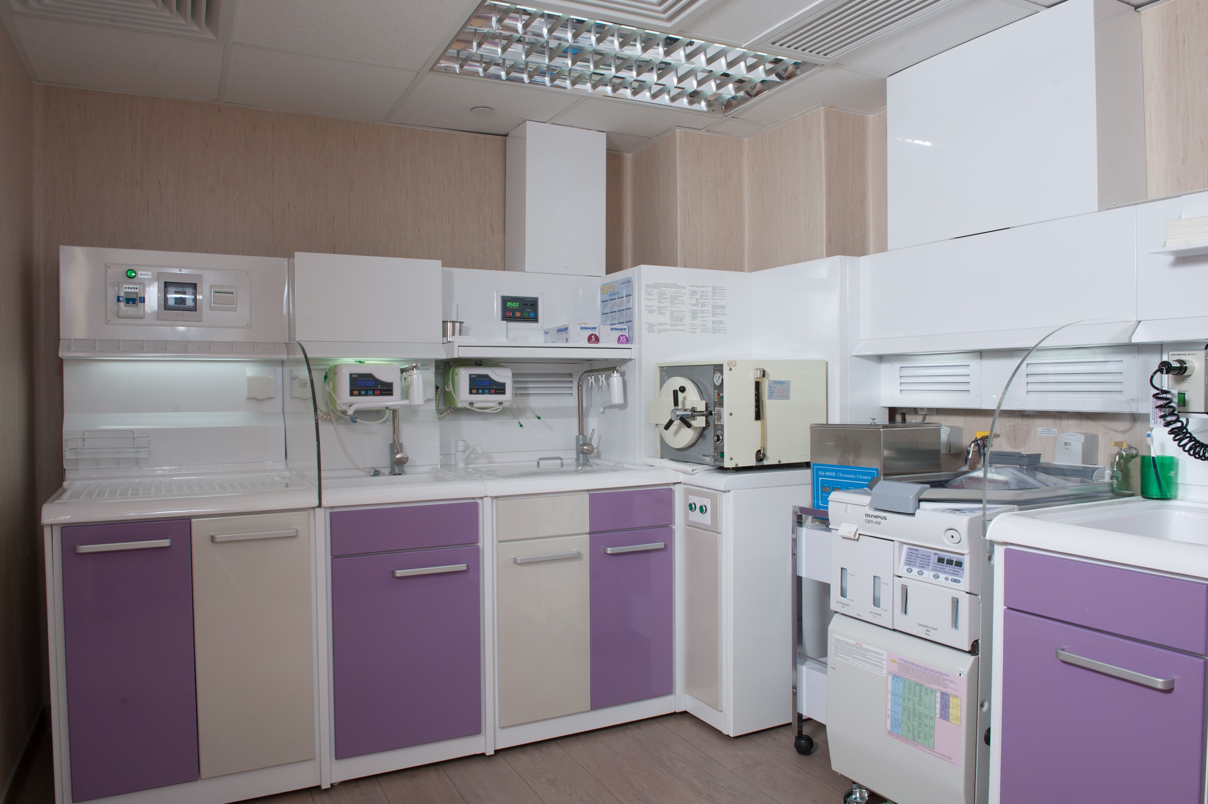Medical laboratory room with storage cabinets