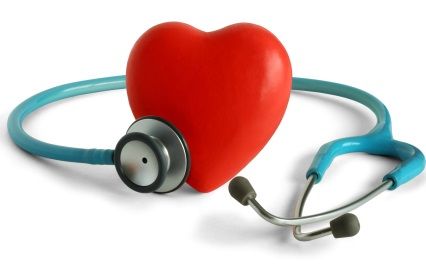 Blue stethoscope wrapped around red heart