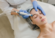 A doctor's hands holding a laser to a female patient's eyebrow area